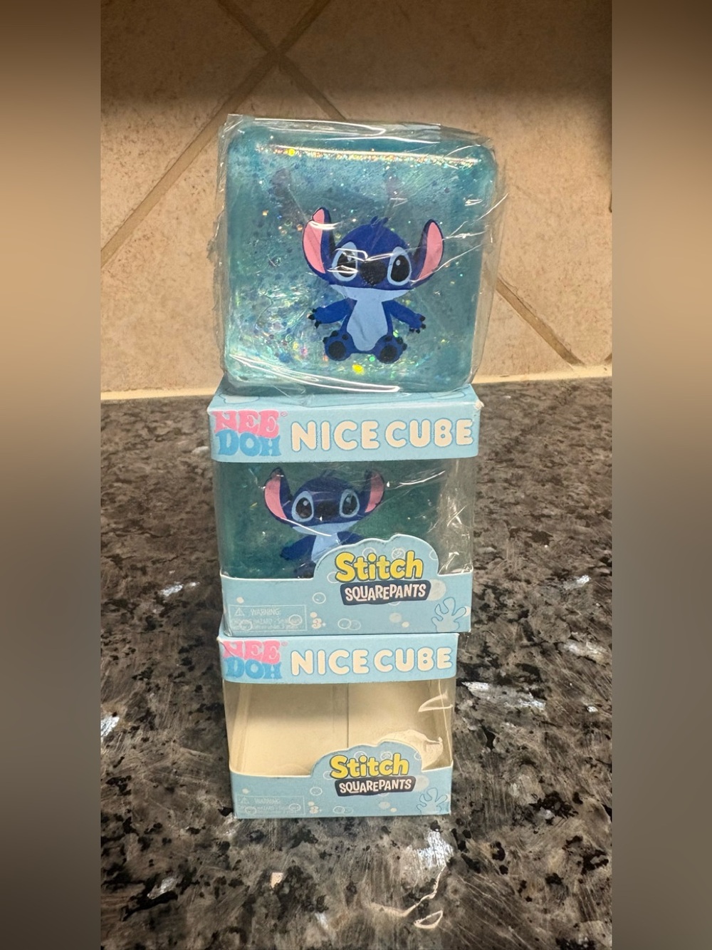 STITCH NICE CUBE   SQUISHY TOY IN GLITTER BLUE COLOR SUGAR MATER